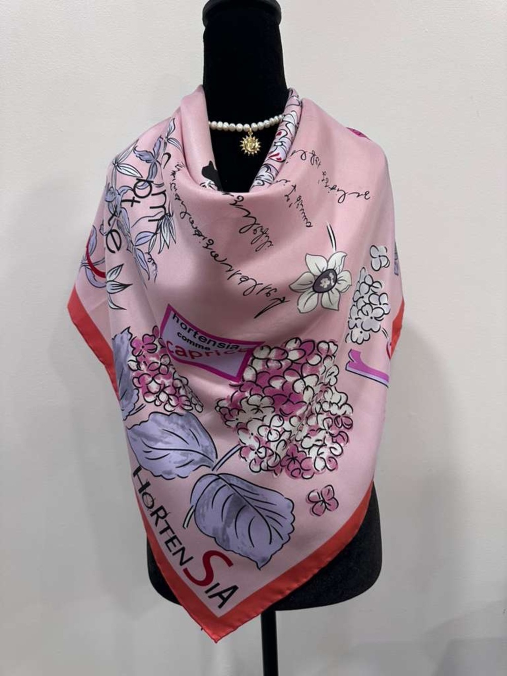 Horten Sia Silk Scarf Pink Floral Hand Rolled